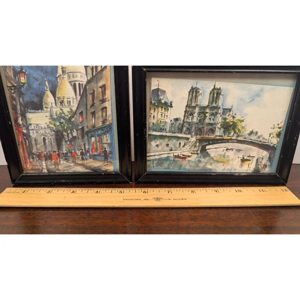 Vintage Paris Postcard Pair Sacré-Cœur Notre Dame Framed Black Wood Frames Set 2